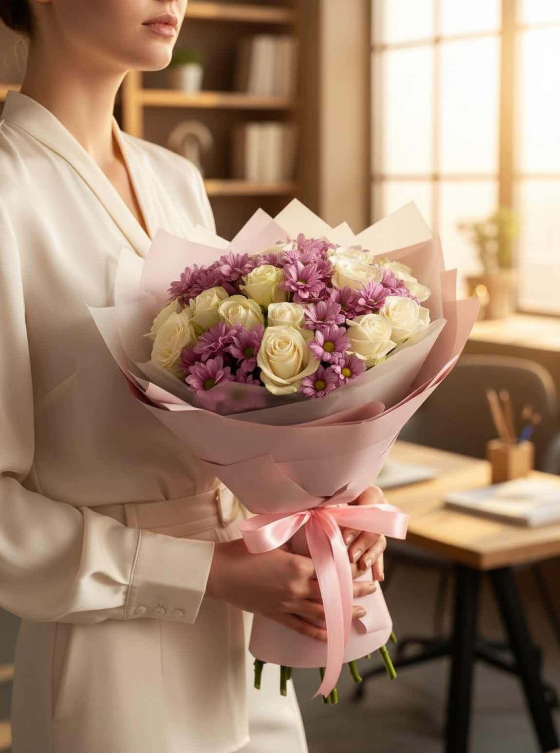 21 Beyaz Gül ve Mor Papatya Buketi