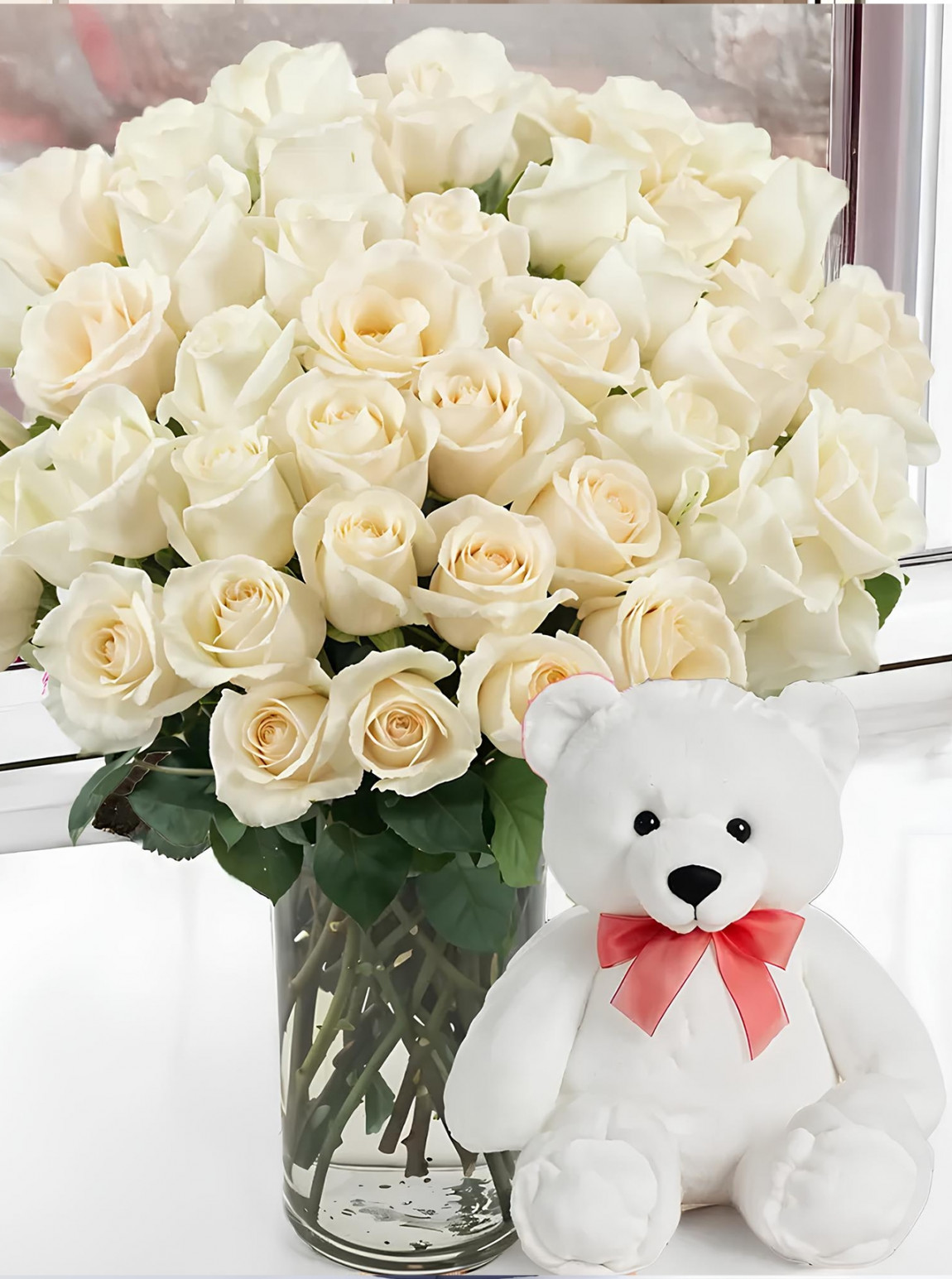 40 Tane Beyaz Gül ve Ayıcık