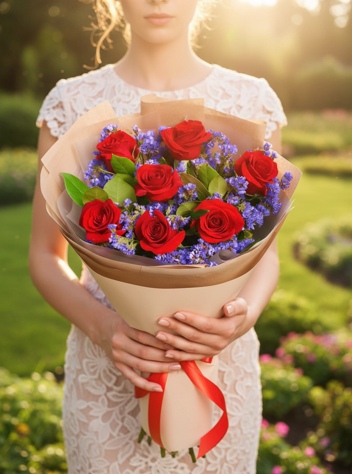 7 Adet Gül ve Mor Çiçek Buketi