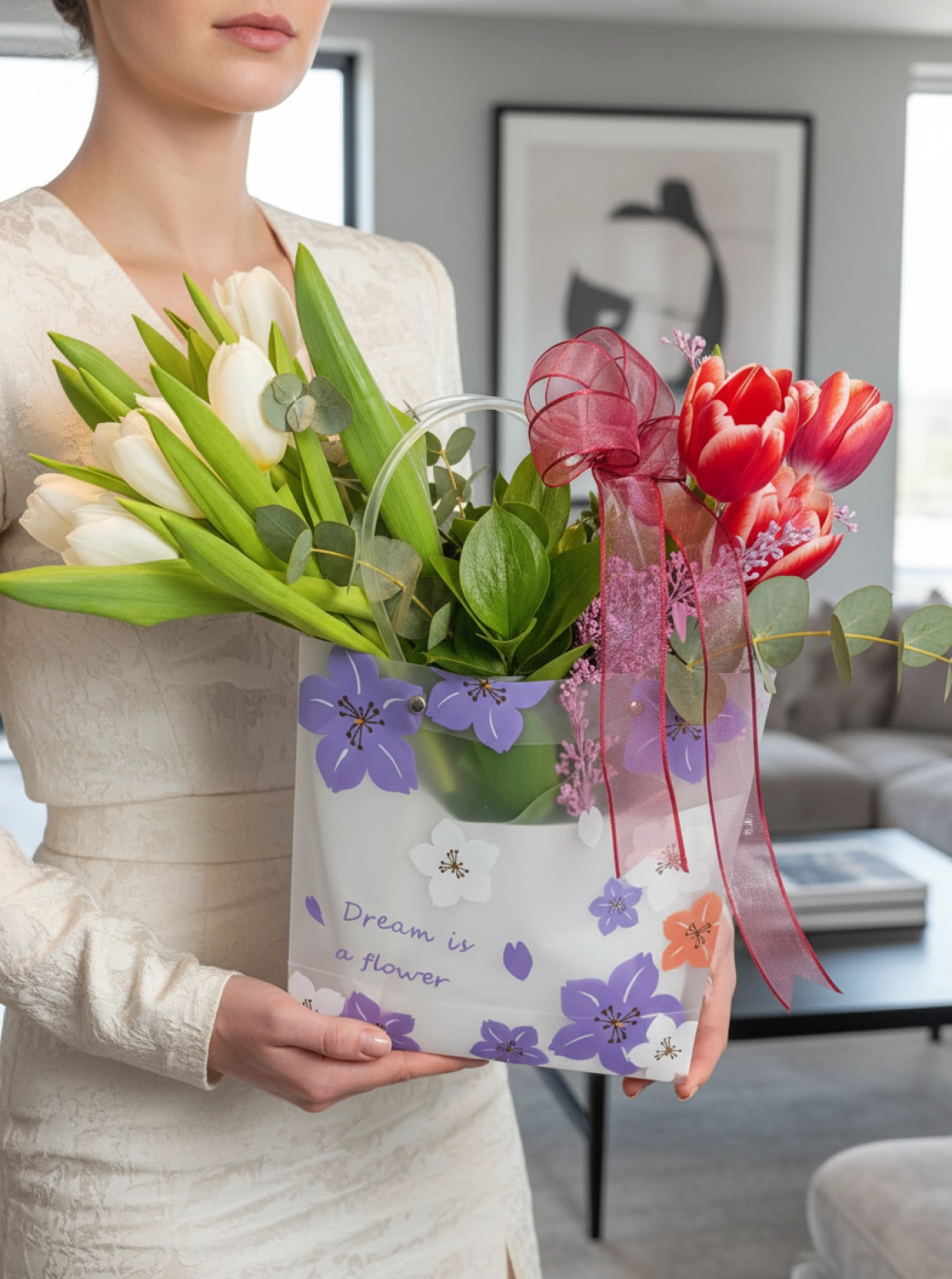 Beyaz ve Kırmızı Gül Aranjmanı Çantalı