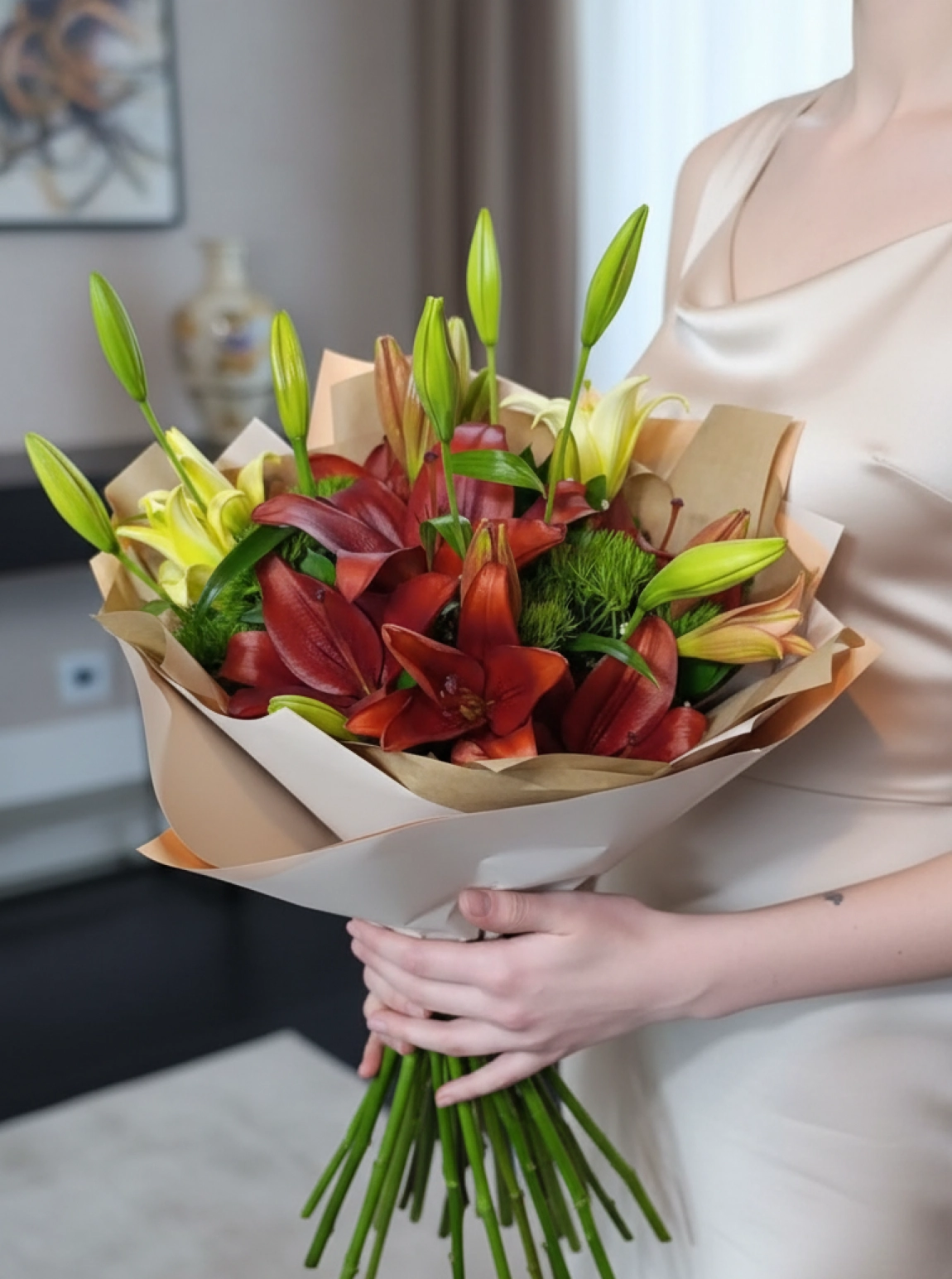 Beyaz ve Kırmızı Lilyum Buketi