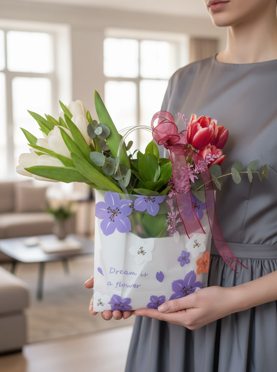 Çantada Kırmızı ve Beyaz Lale Aranjmanı