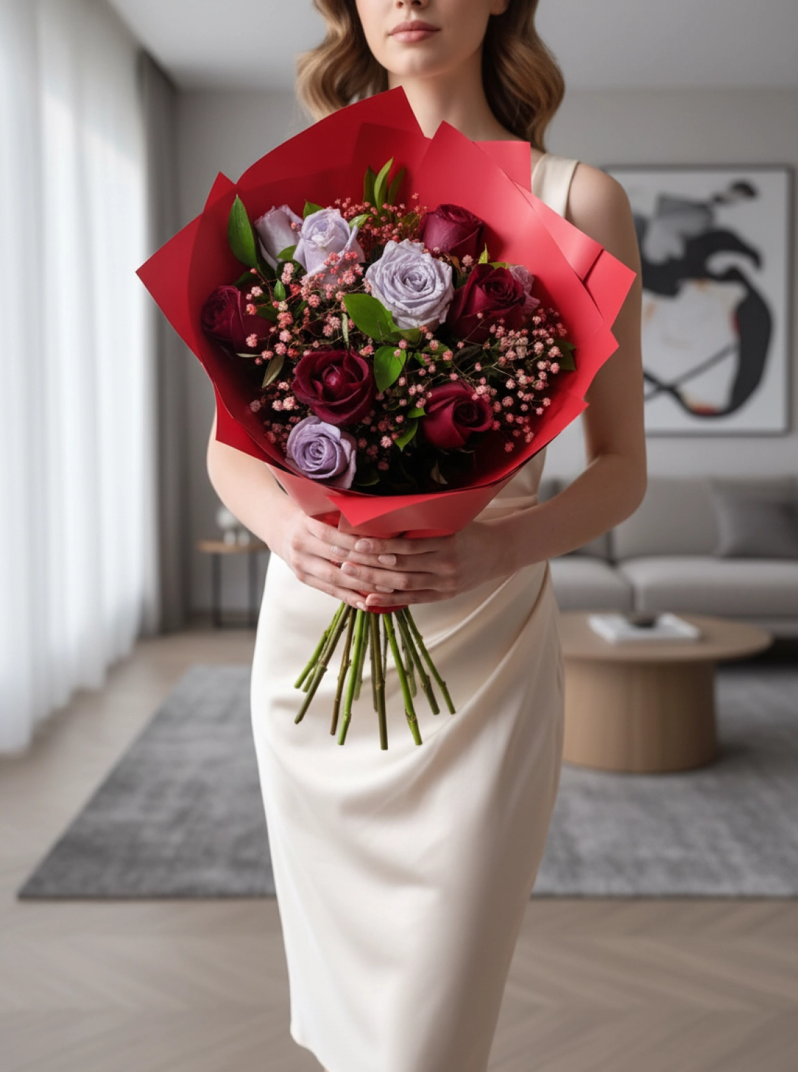 Mor Gül ve Kırmızı Gül Buketi