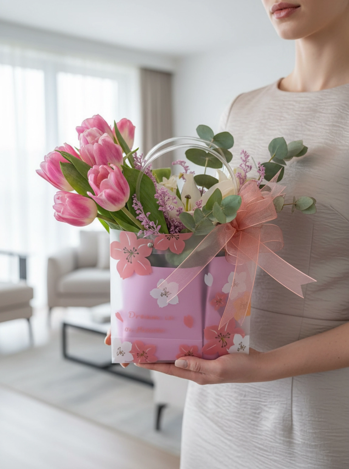 Pembe Gül ve Beyaz Lilyum Aranjmanı Çantada