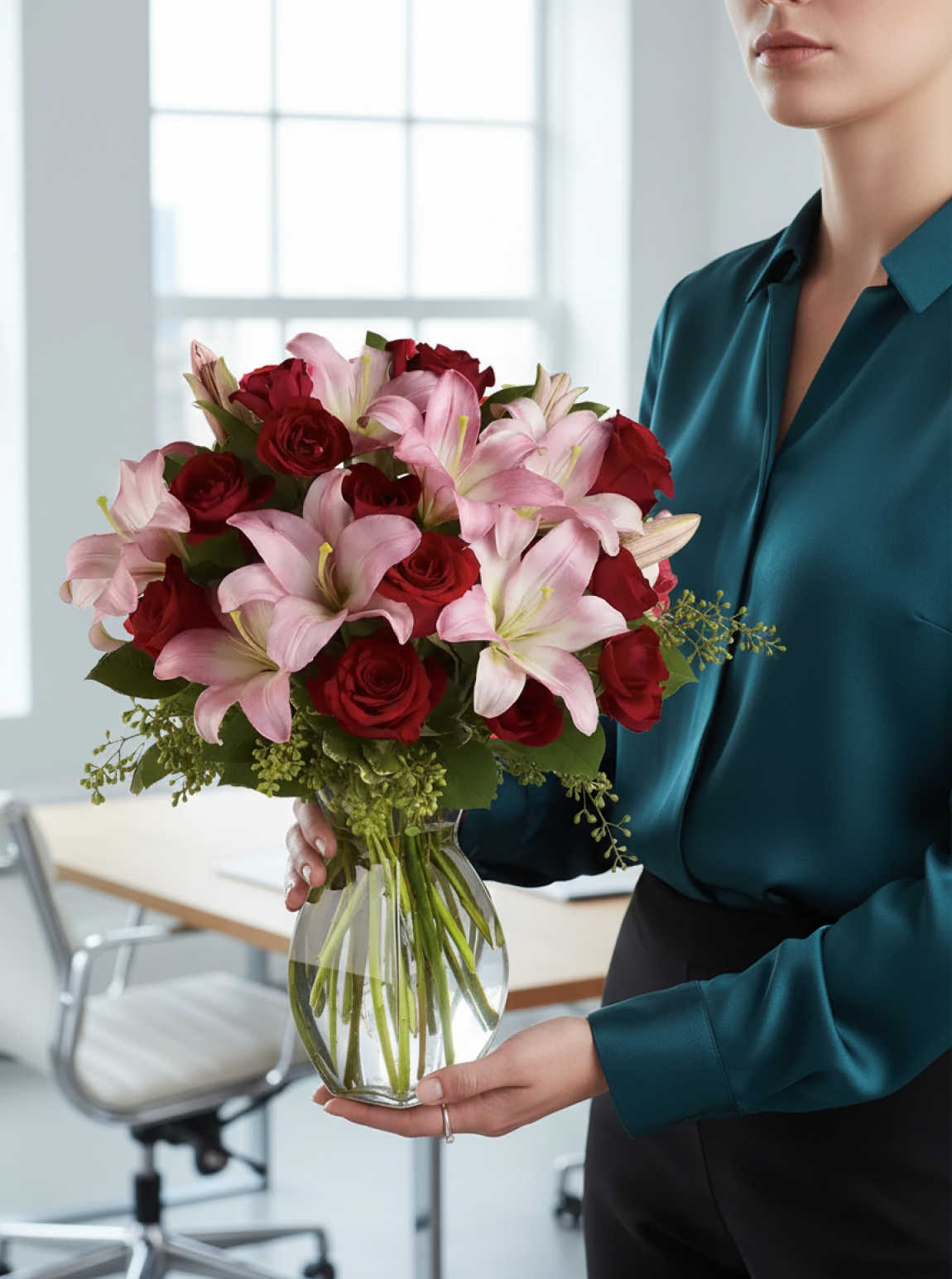 Vazoda Pembe Lilyum ve Kırmızı Güller