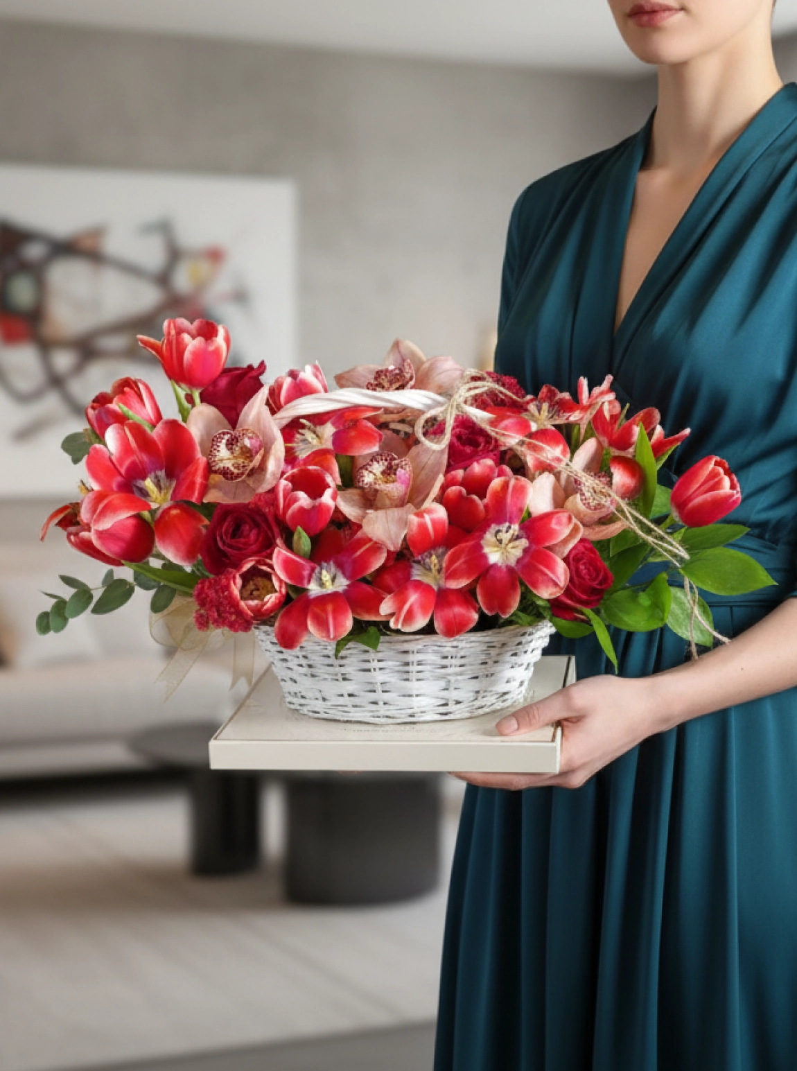 Sepette Kırmızı Gül ve Orkide Aranjmanı