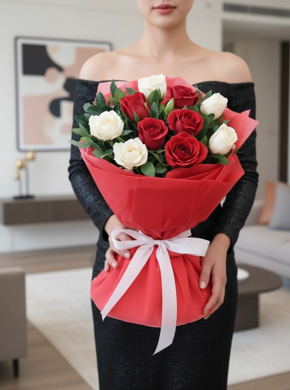 10 Tane Kırmızı Beyaz Gül Buketi