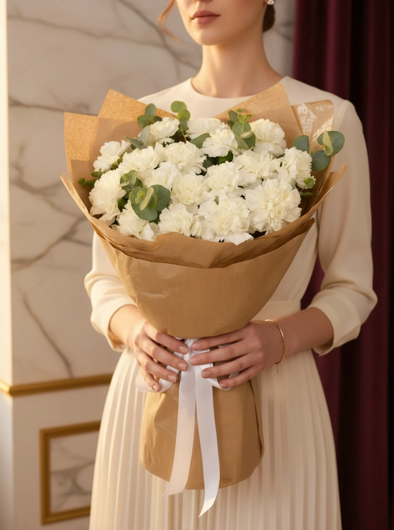 17 Adet Beyaz Karanfil Buketi