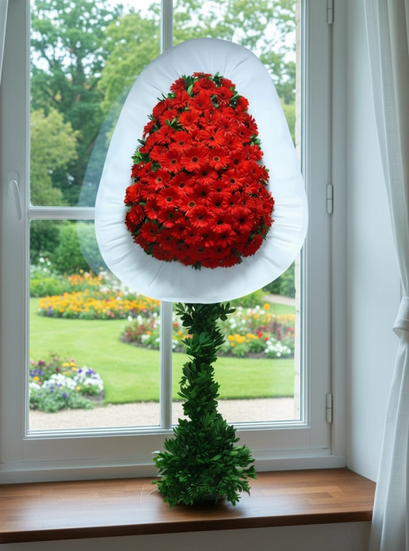 Ayaklı Sepet Kırmızı Çiçekli Çelenk