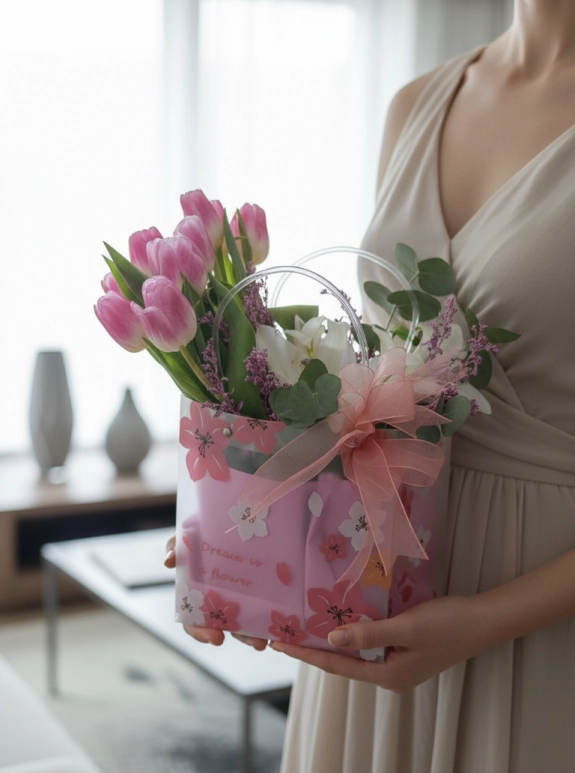 Çantada Pembe Lale ve Beyaz Lilyum Aranjmanı