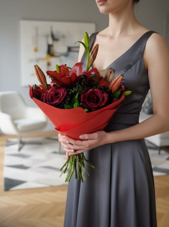 Kırmızı Gül ve Lilyum Buketi Kırmızı Kağıtta