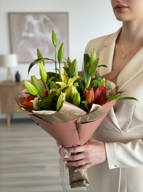 Kırmızı ve Beyaz Lilyum Buketi Pembe Kağıtta