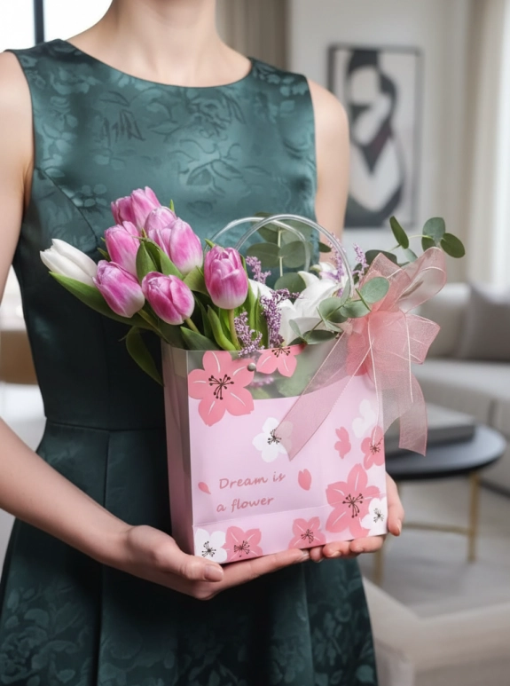 Pembe Gül ve Beyaz Lilyum Aranjmanı Pembe Çantada