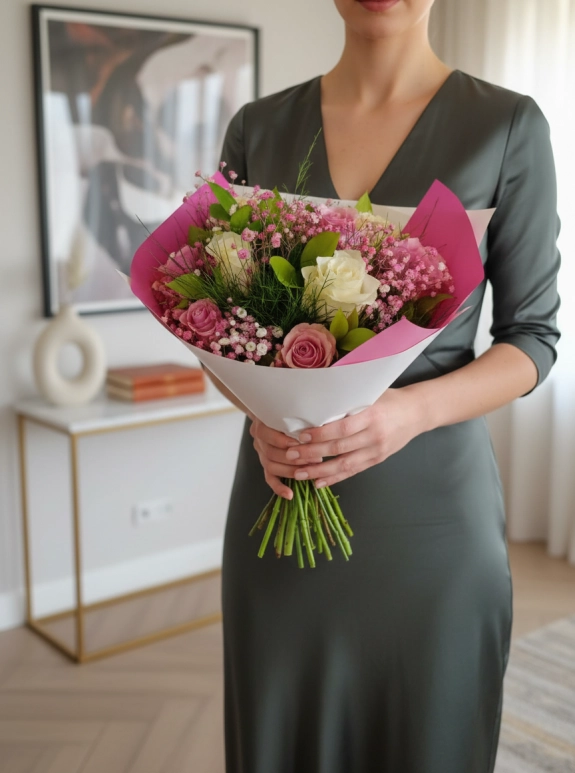 Pembe ve Beyaz Gül Buketi Pembe Kağıtta