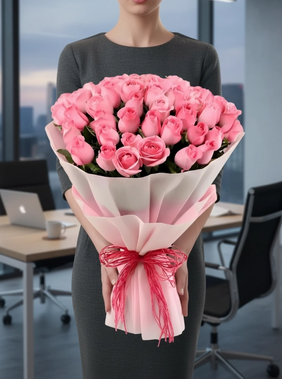 Premium 50 Tane Pembe Gül Buketi