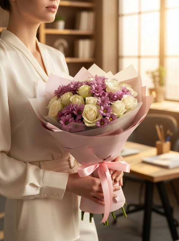 21 Beyaz Gül ve Mor Papatya Buketi