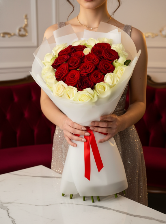 15 Kırmızı Gül 16 Beyaz Gül Buketi
