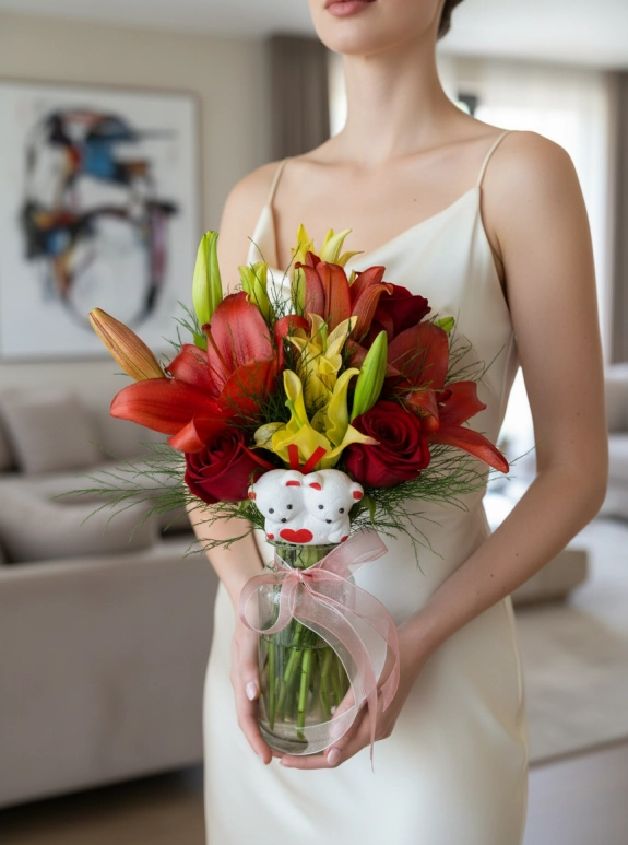 Cam Vazoda Kırmızı Lilyum ve Gül Aranjmanı