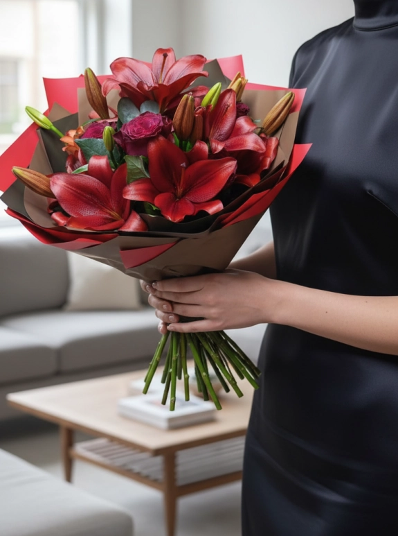 Kırmızı Gül ve Lilyum Buketi