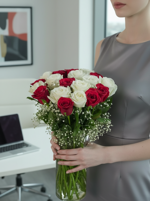 Vazoda 15 Tane Kırmızı Beyaz Güller