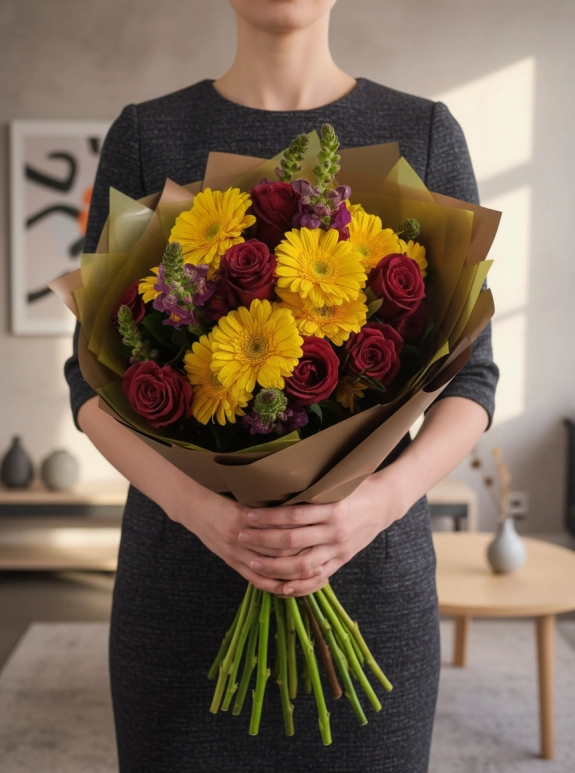 Sarı Gerbera ve Kırmızı Gül Buketi